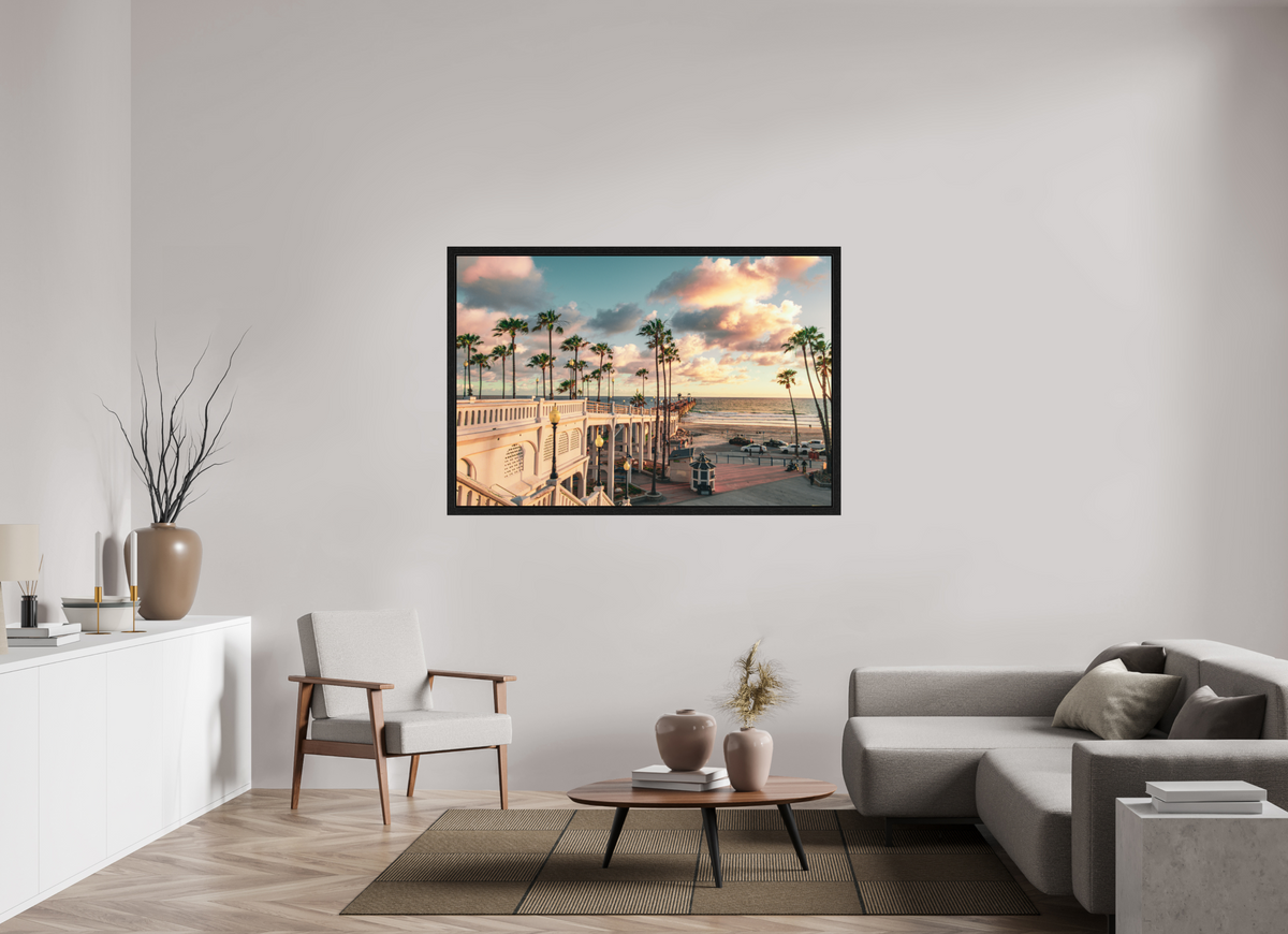 60 x 40″, Black Oak Wooden Flame under Acrylic Glass Beautiful Clouds at the Oceanside Pier
