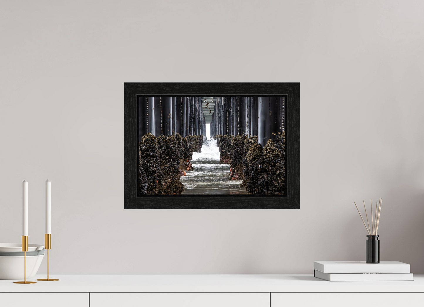 15 x 10″, Black Oak Wooden Flame under Acrylic Glass Under the Oceanside Pier