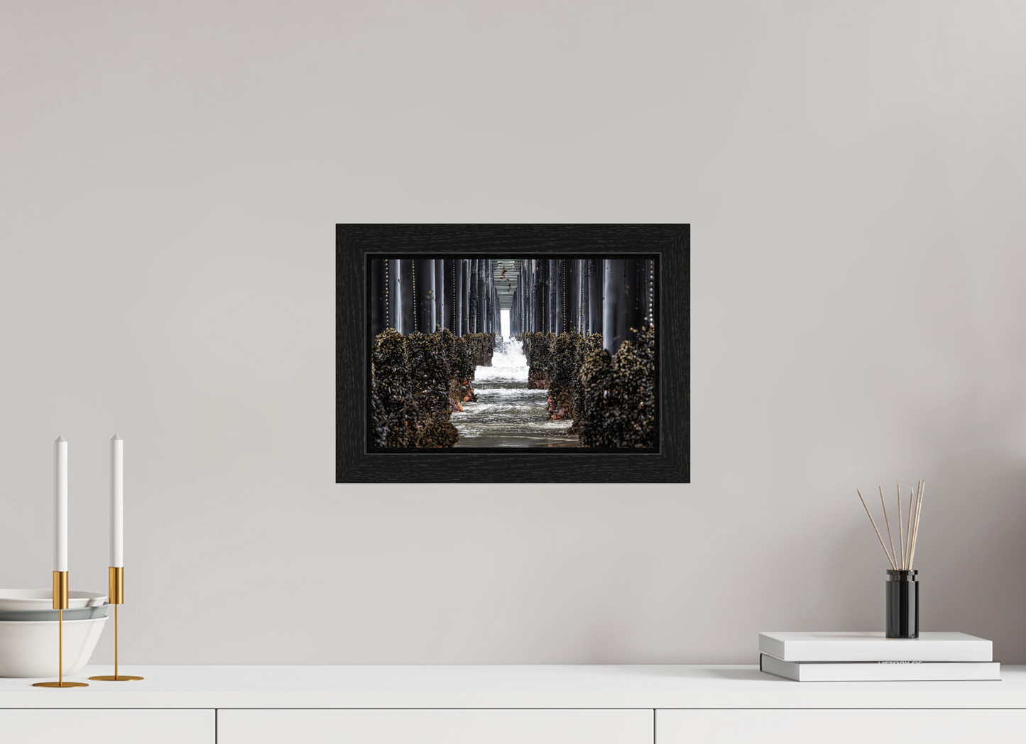 12 x 8″, Black Oak Wooden Flame under Acrylic Glass Under the Oceanside Pier
