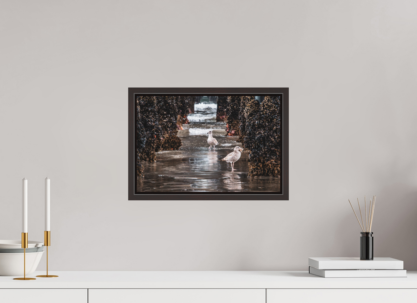 15 x 10″, Alder Brown Wooden Floater Frame Under the Oceanside Pier