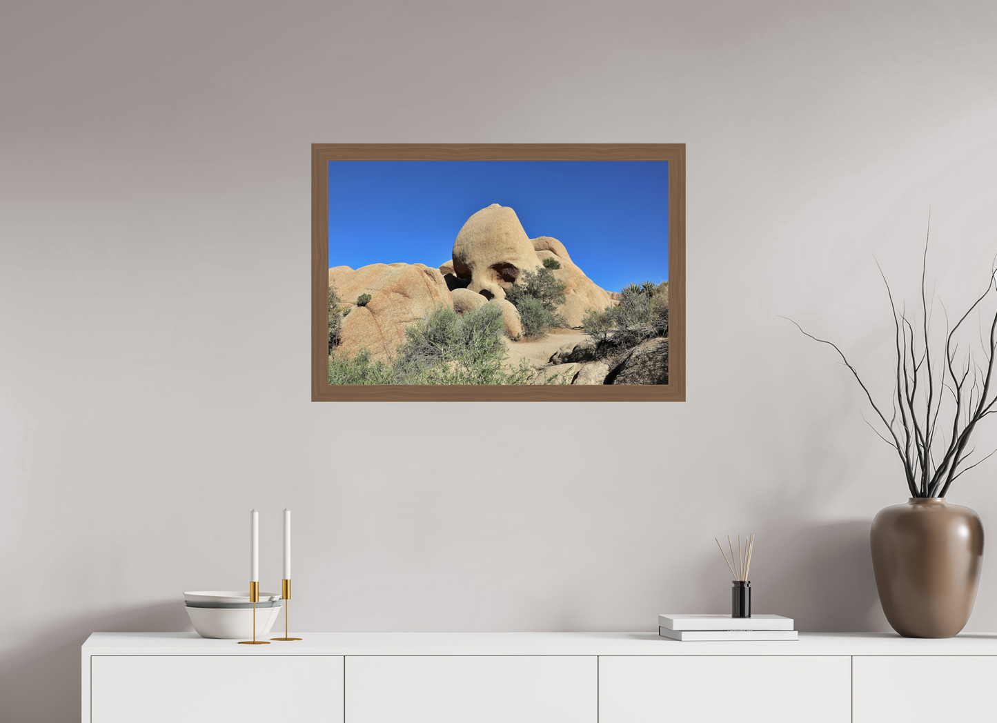 30 x 20″, Walnut Wooden Frame under Acrylic Glass Skull Rock