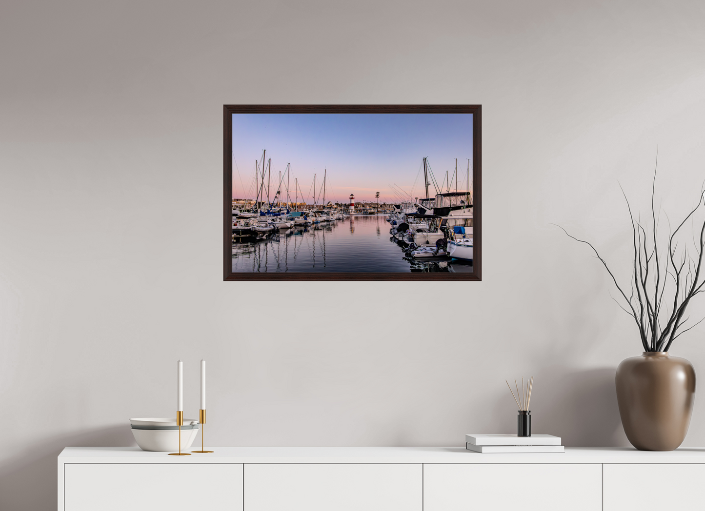 30 x 20″, Dark Brown Wooden Flame under Acrylic glass The Oceanside Harbor