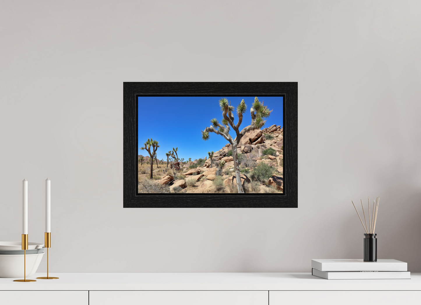 15 x 10″, Black Oak Wooden Flame under Acrylic Glass Joshua Trees