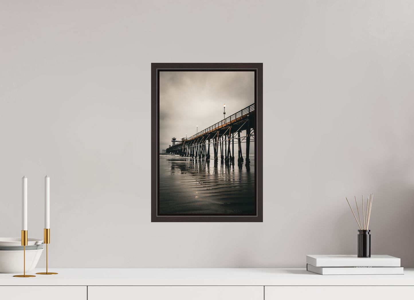 10 x 15″, Alder Brown Wooden Floater Frame Oceanside Pier in the Morning