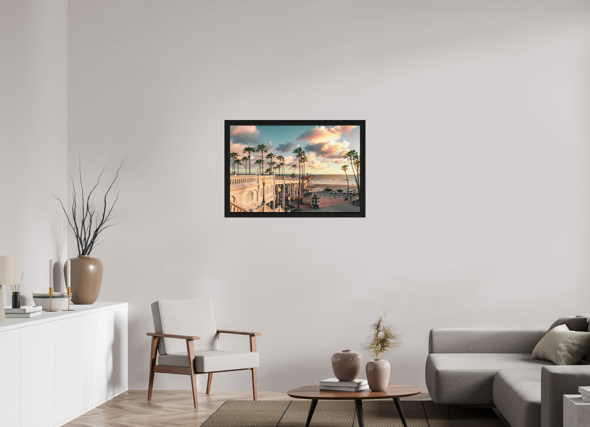 36 x 24″, Black Oak Wooden Flame under Acrylic Glass Beautiful Clouds at the Oceanside Pier