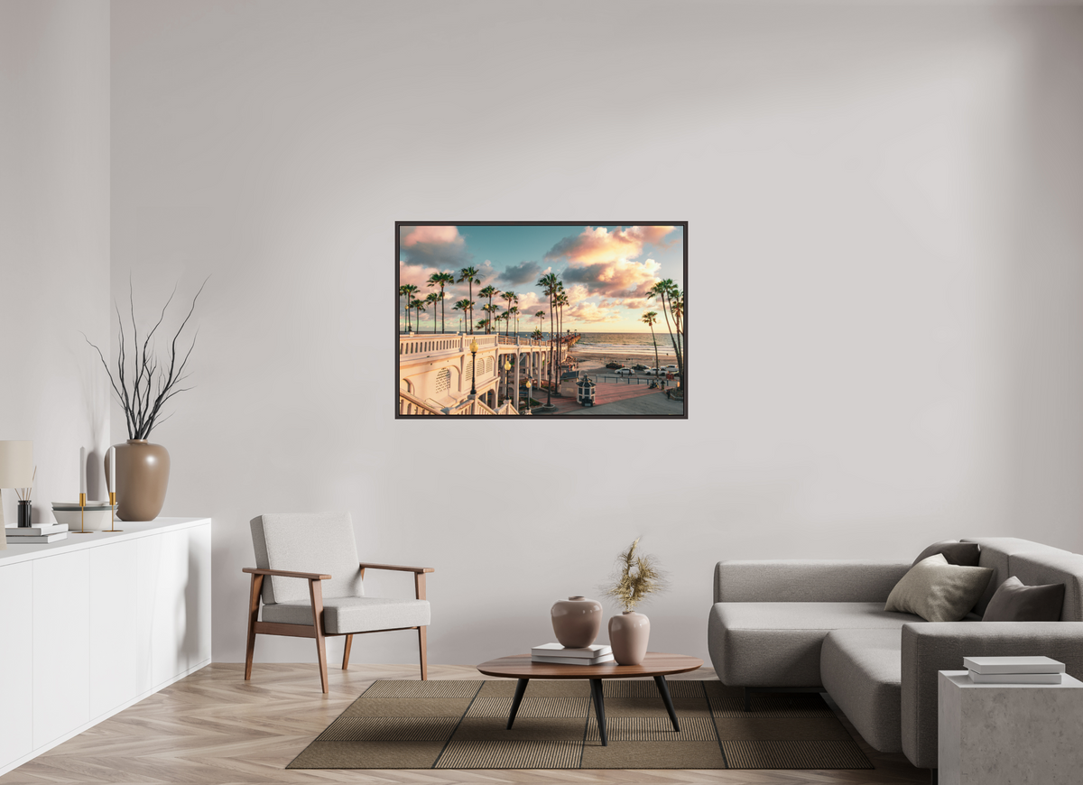 54 x 36″, Alder Brown Wooden Floater Frame Beautiful Clouds at the Oceanside Pier