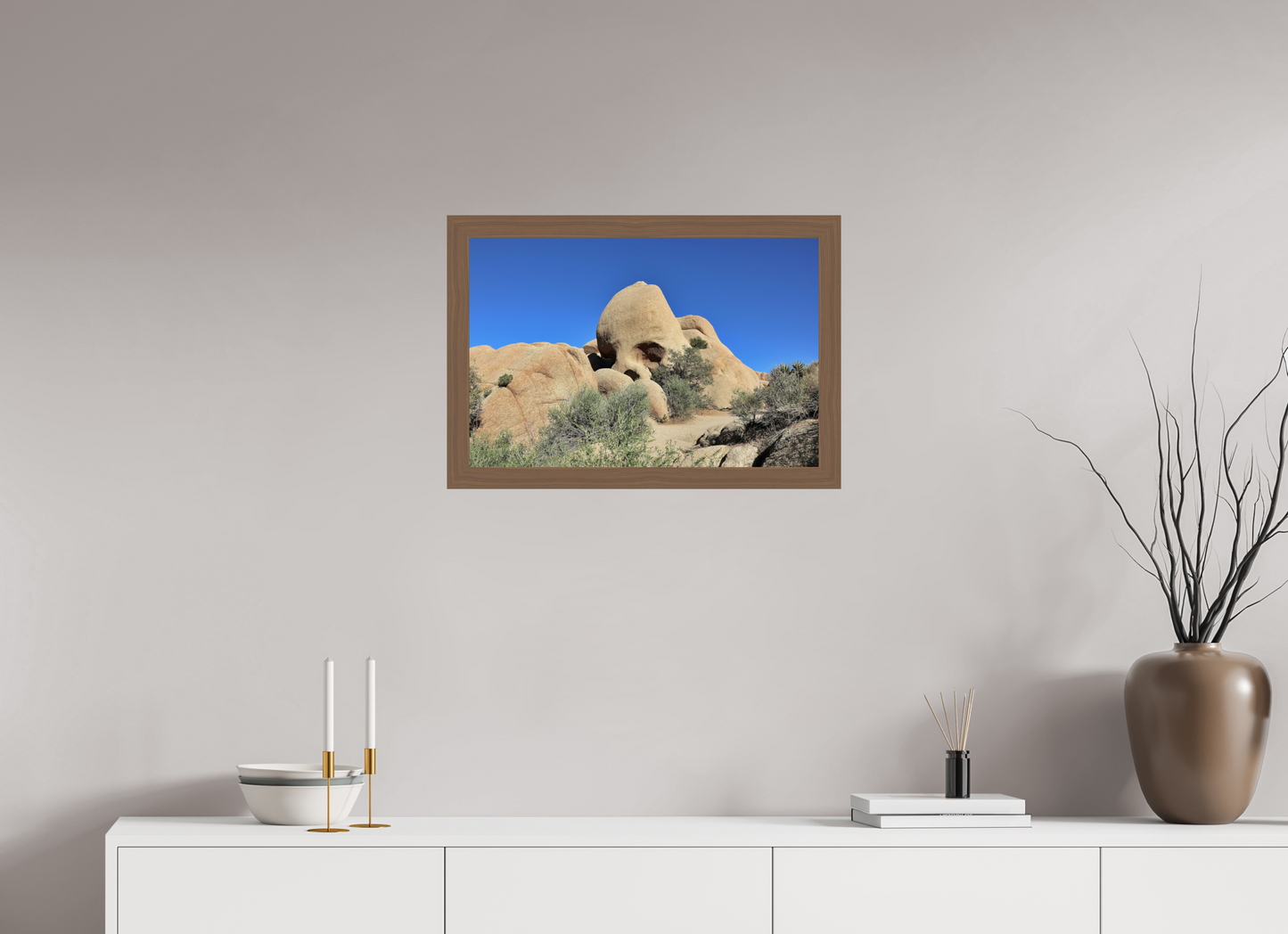 24 x 16″, Walnut Wooden Frame under Acrylic Glass Skull Rock