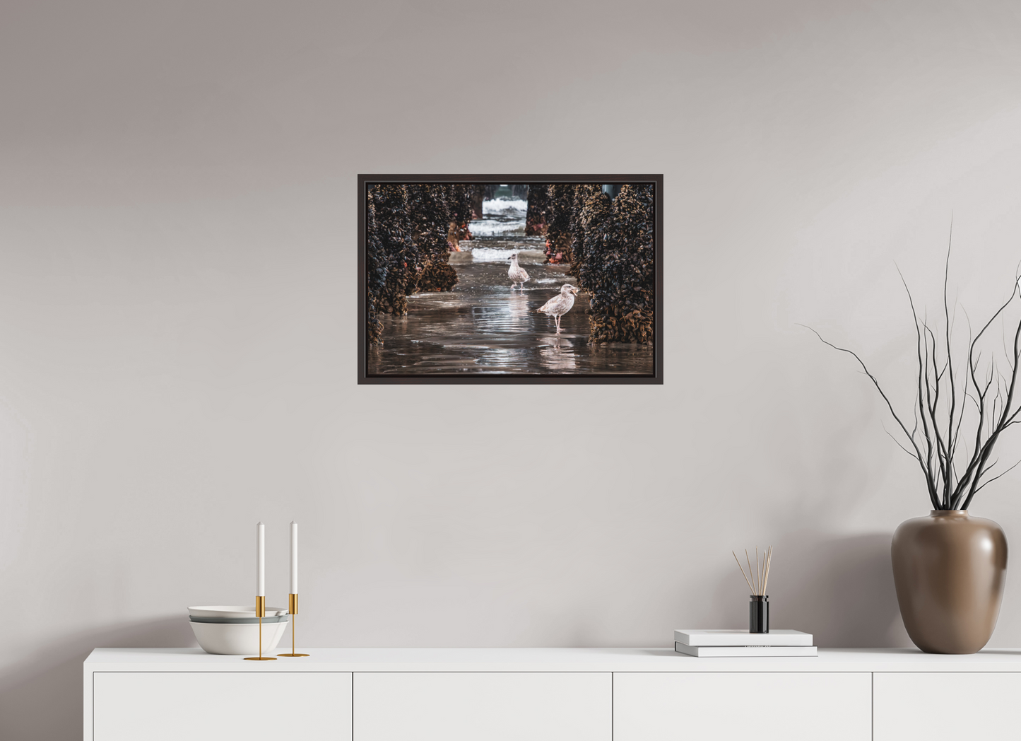 24 x 16″, Alder Brown Wooden Floater Frame Under the Oceanside Pier