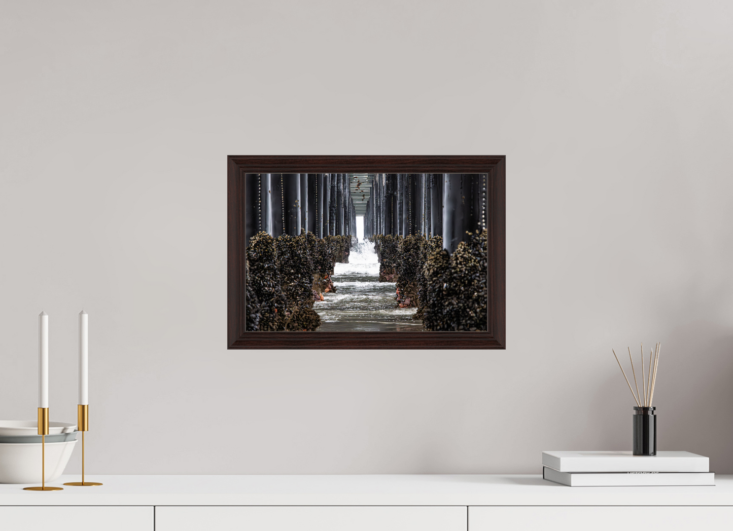 15 x 10″, Dark Brown Wooden Flame under Acrylic glass Under the Oceanside Pier