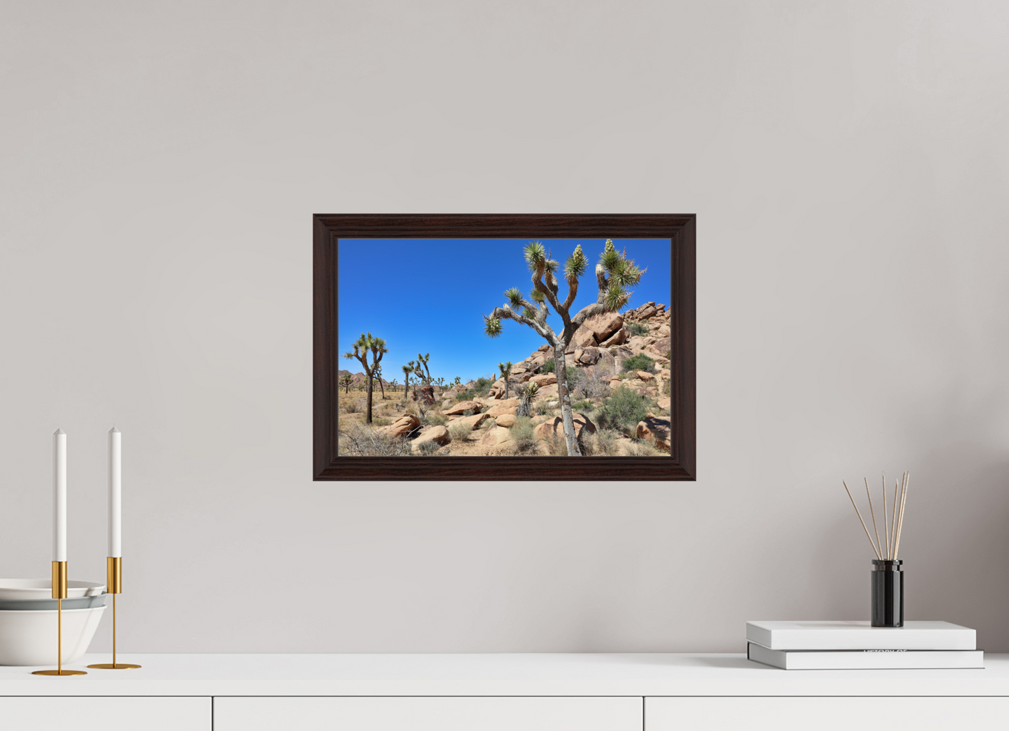 15 x 10″, Dark Brown Wooden Flame under Acrylic glass Joshua Trees