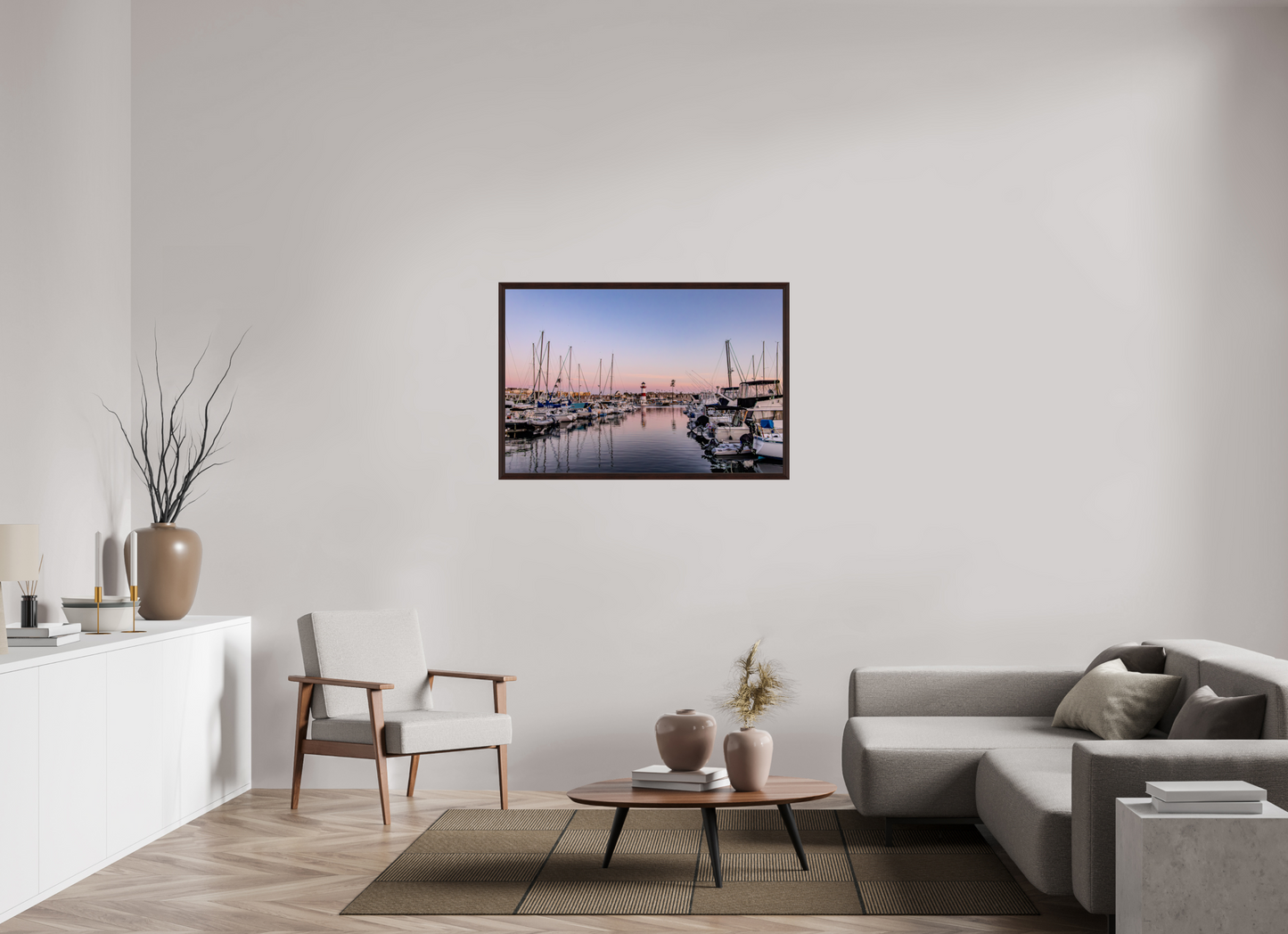 45 x 30″, Dark Brown Wooden Flame under Acrylic glass The Oceanside Harbor