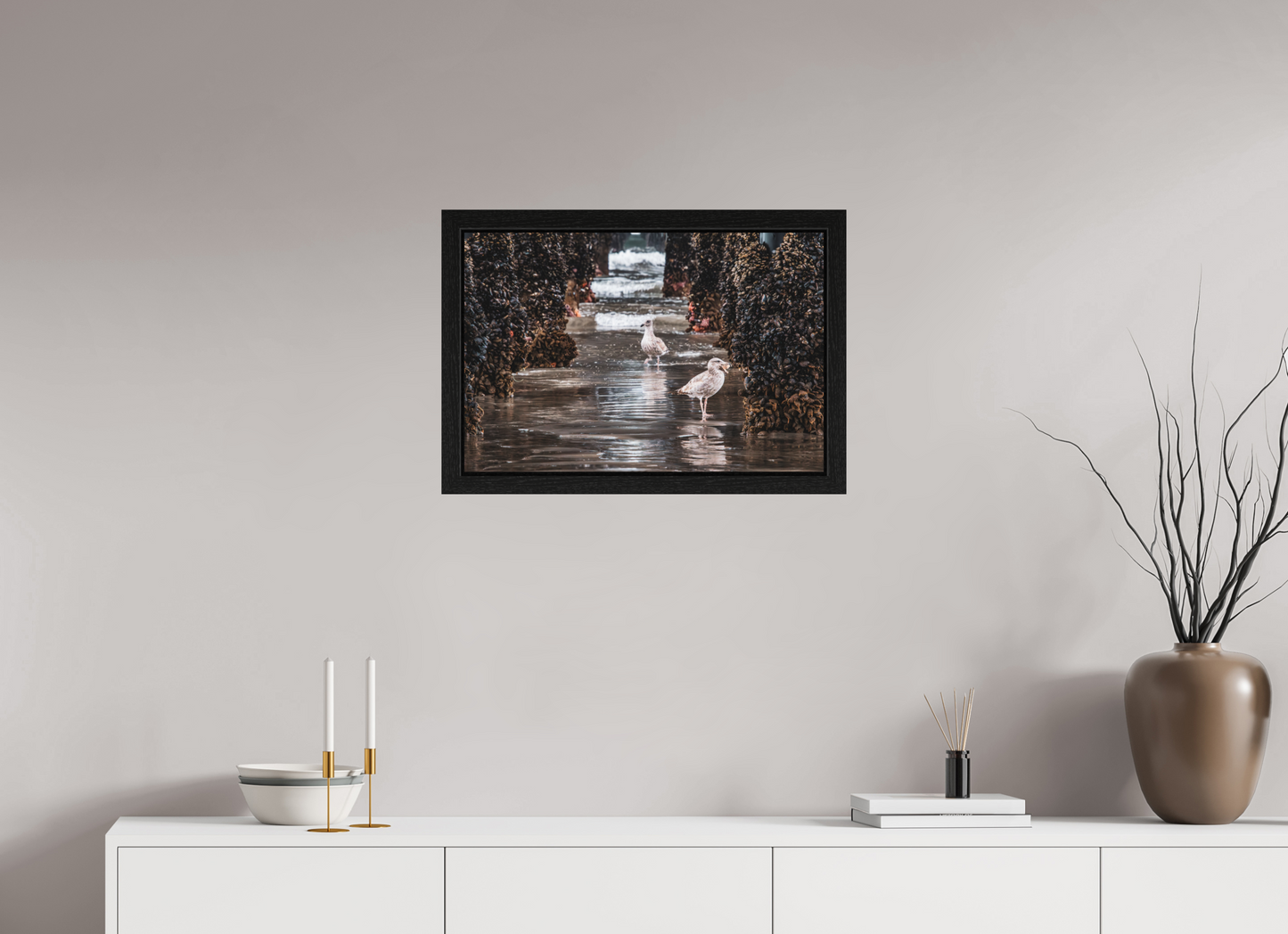 24 x 16″, Black Oak Wooden Flame under Acrylic Glass Under the Oceanside Pier
