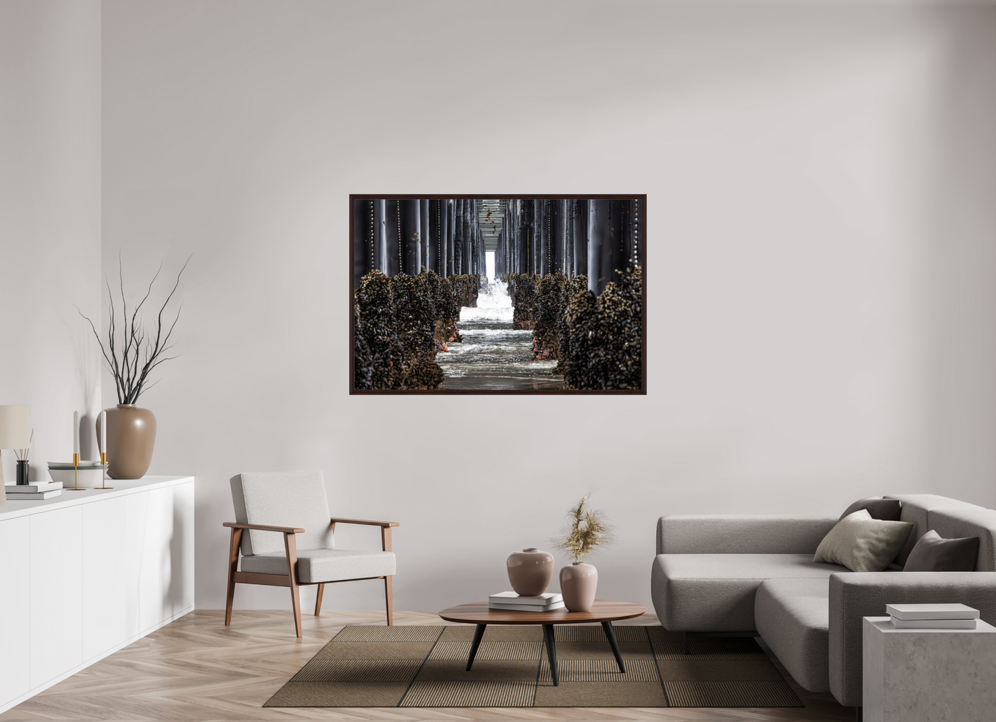 60 x 40″, Dark Brown Wooden Flame under Acrylic glass Under the Oceanside Pier