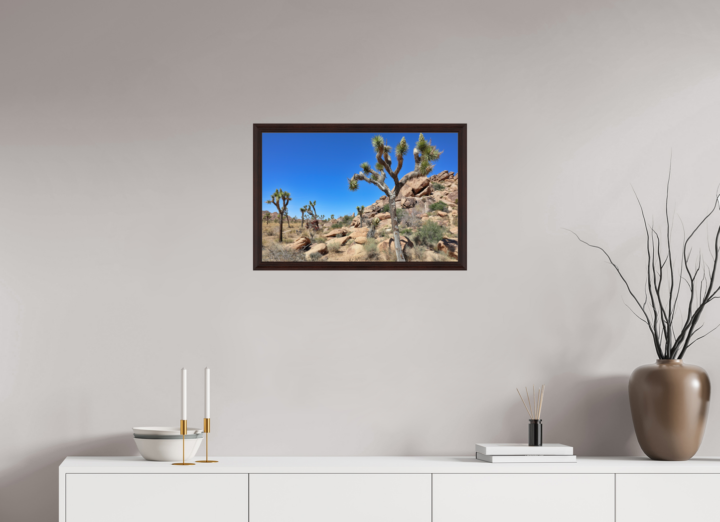 24 x 16″, Dark Brown Wooden Flame under Acrylic glass Joshua Trees