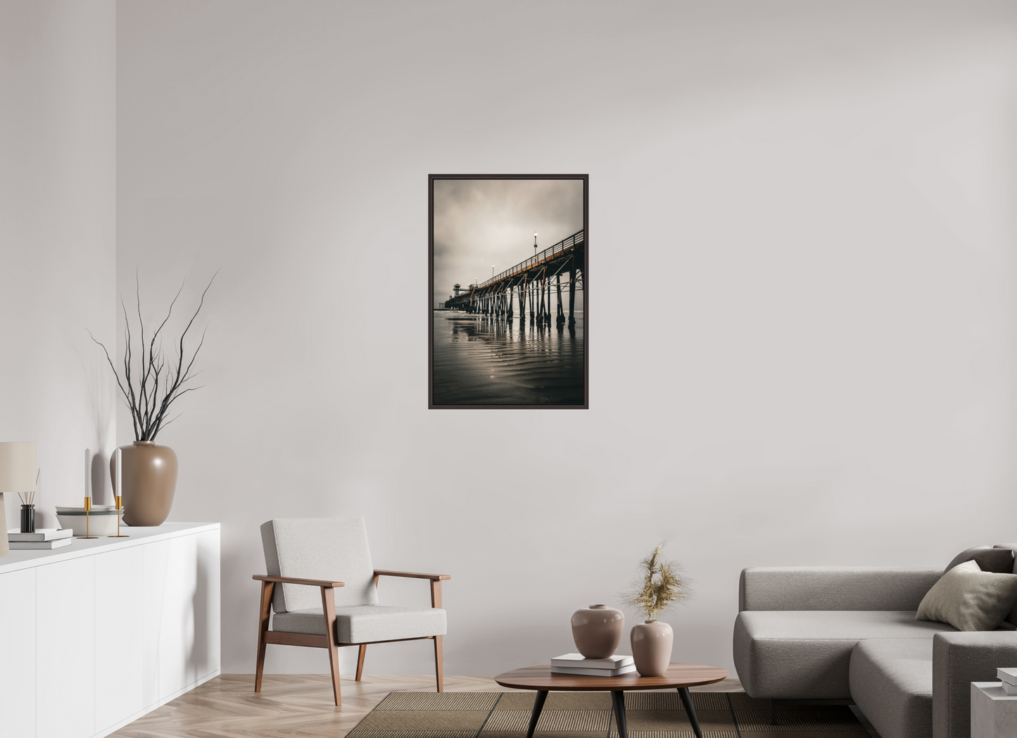 24 x 36″, Alder Brown Wooden Floater Frame Oceanside Pier in the Morning