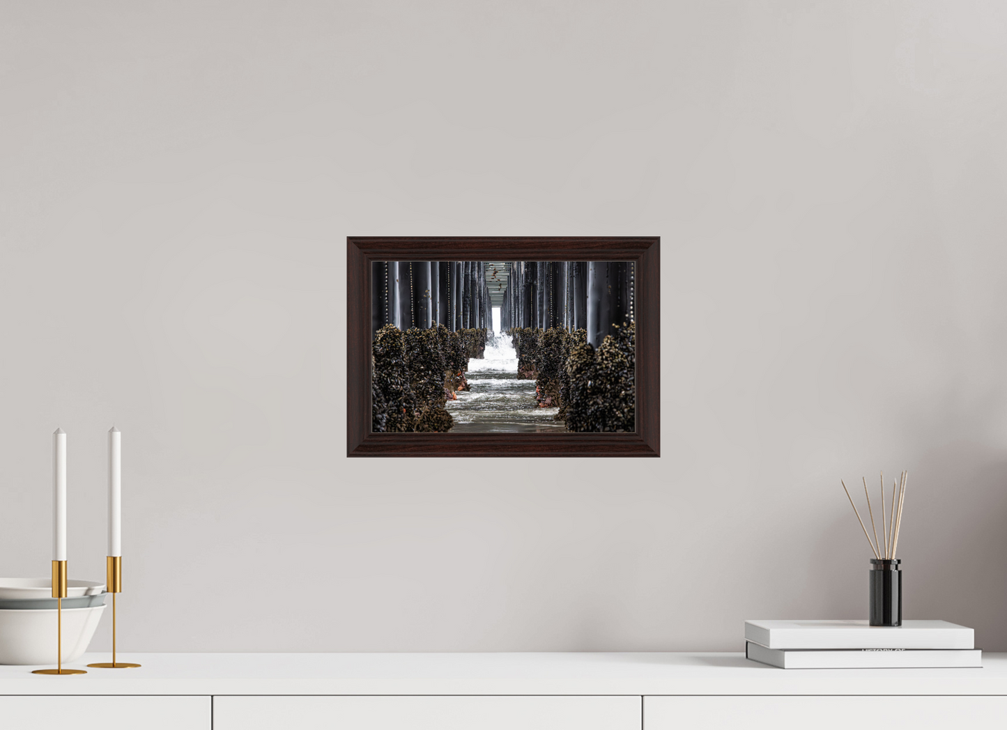 12 x 8″, Dark Brown Wooden Flame under Acrylic glass Under the Oceanside Pier