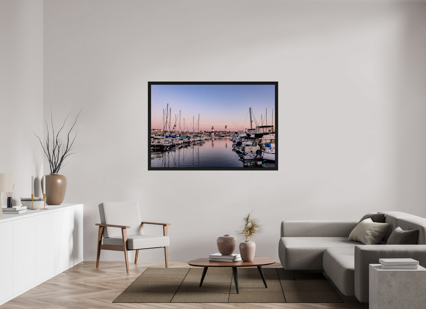 60 x 40″, Black Oak Wooden Flame under Acrylic Glass The Oceanside Harbor