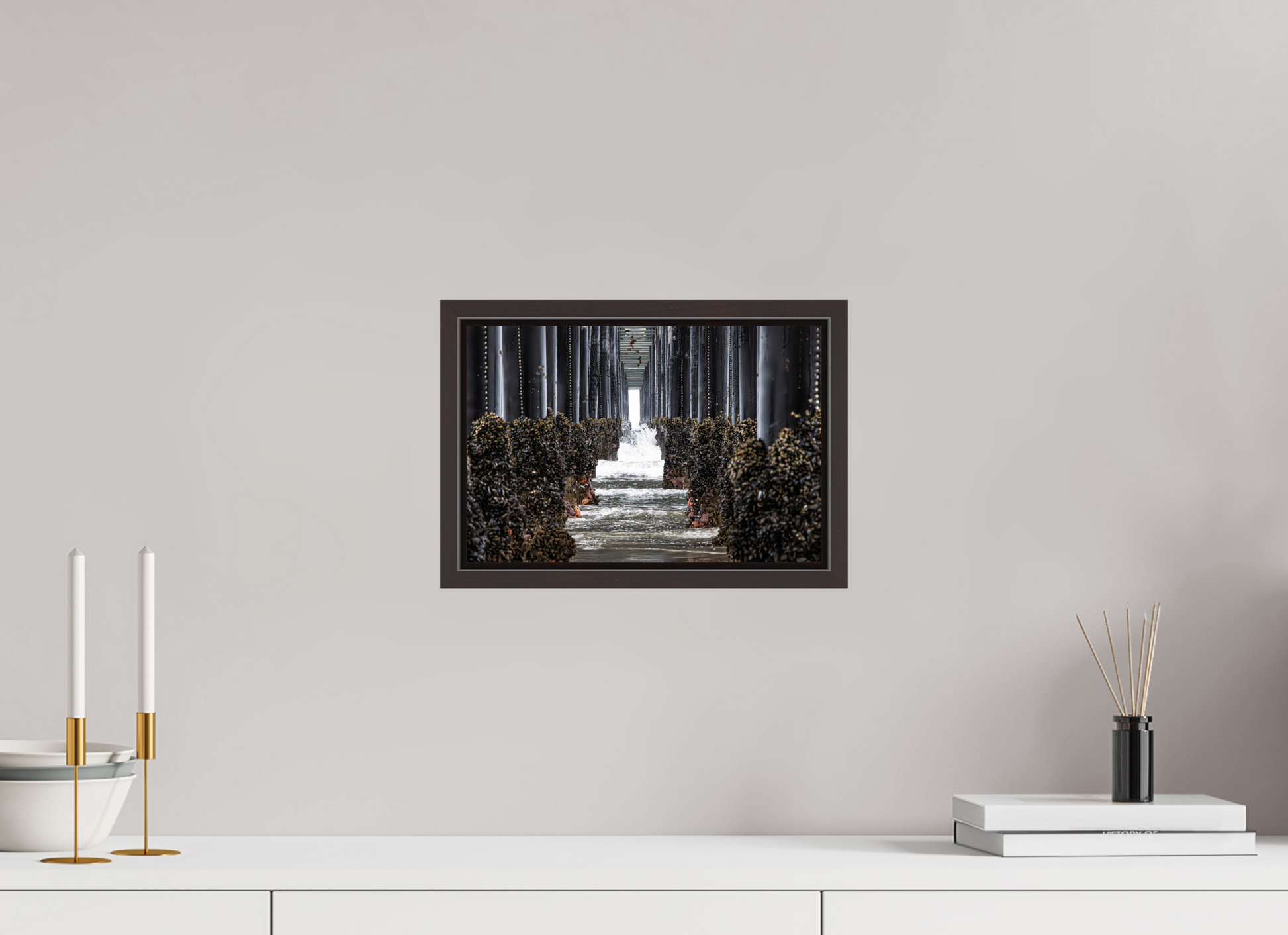 12 x 8″, Alder Brown Wooden Floater Frame Under the Oceanside Pier