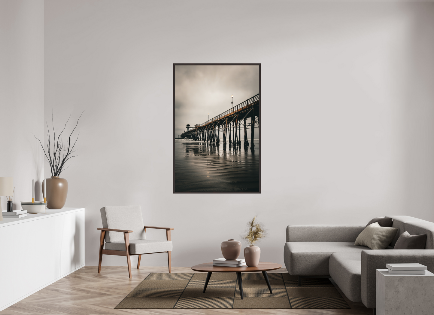 40 x 60″, Alder Brown Wooden Floater Frame Oceanside Pier in the Morning