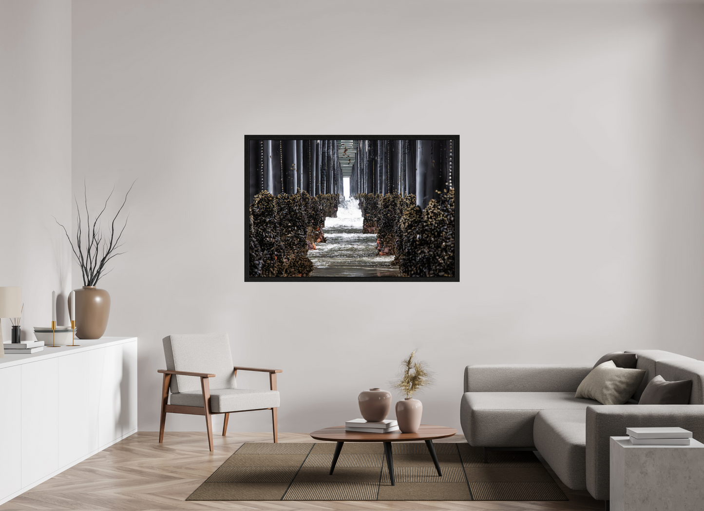 60 x 40″, Black Oak Wooden Flame under Acrylic Glass Under the Oceanside Pier