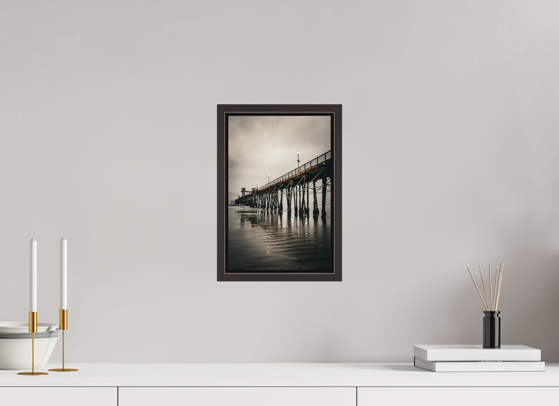 8 x 12″, Alder Brown Wooden Floater Frame Oceanside Pier in the Morning