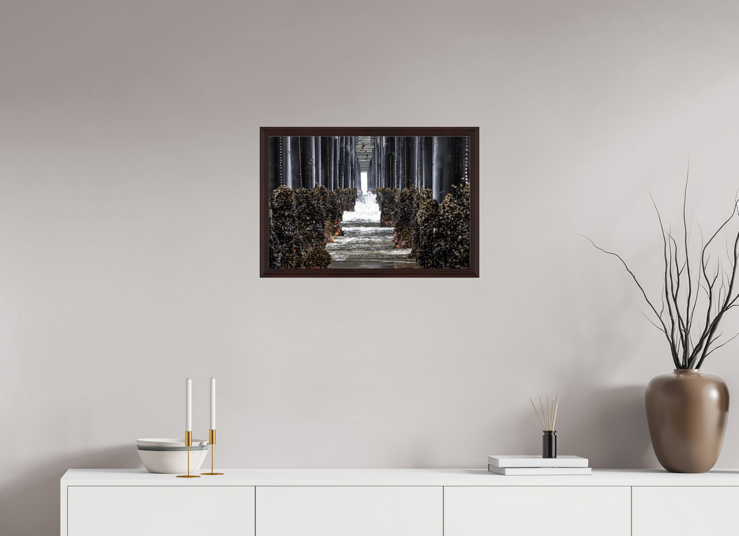 24 x 16″, Dark Brown Wooden Flame under Acrylic glass Under the Oceanside Pier