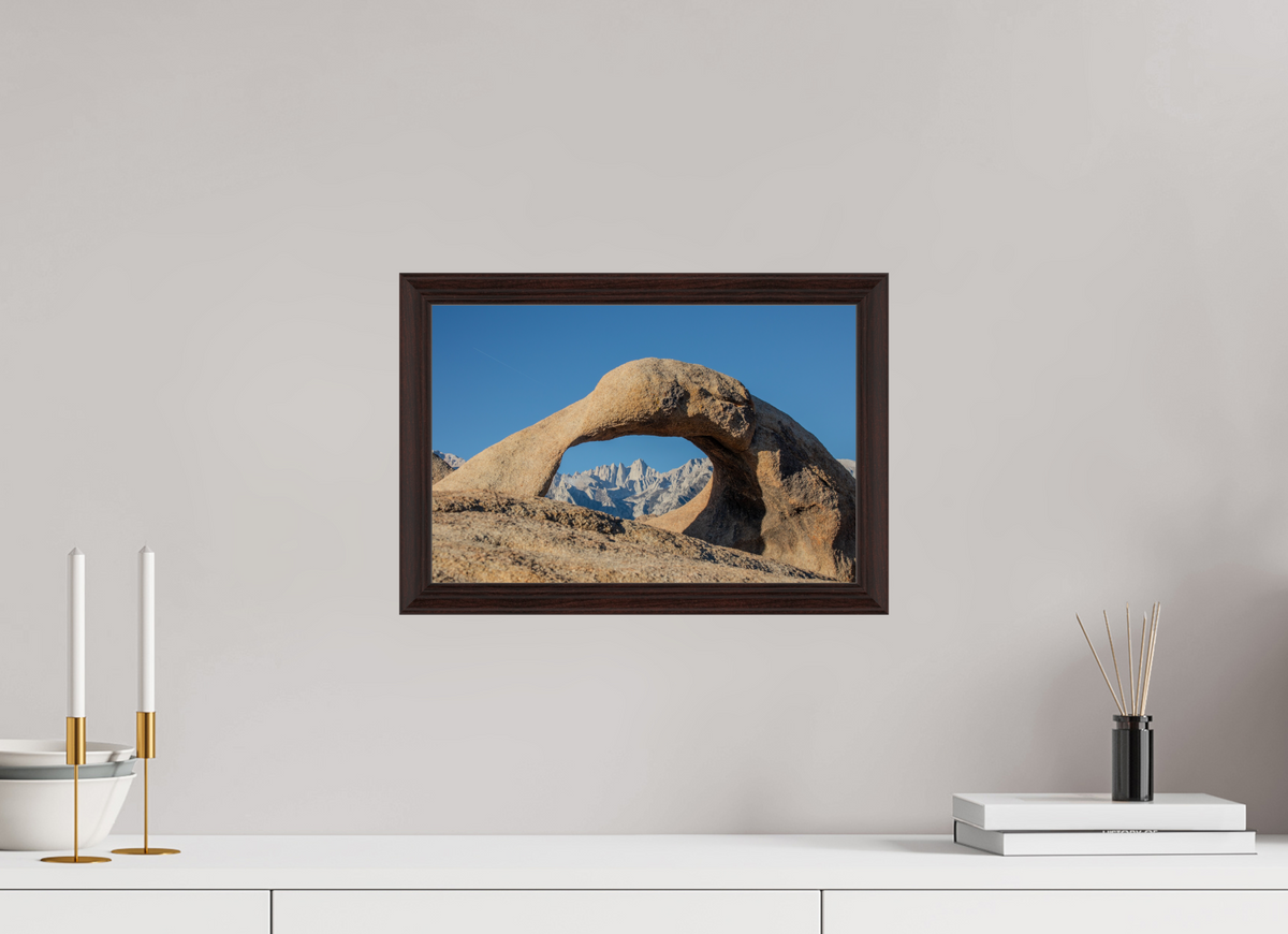 15 x 10″, Dark Brown Wooden Flame under Acrylic glass Mobius Arch in the Alabama Hills