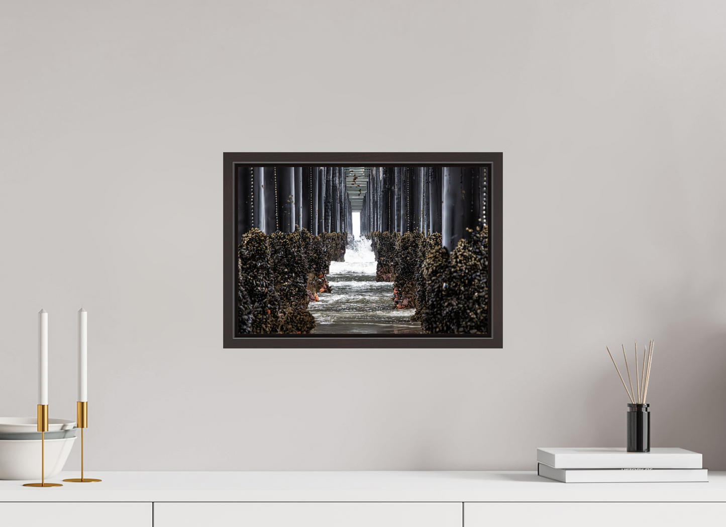 15 x 10″, Alder Brown Wooden Floater Frame Under the Oceanside Pier