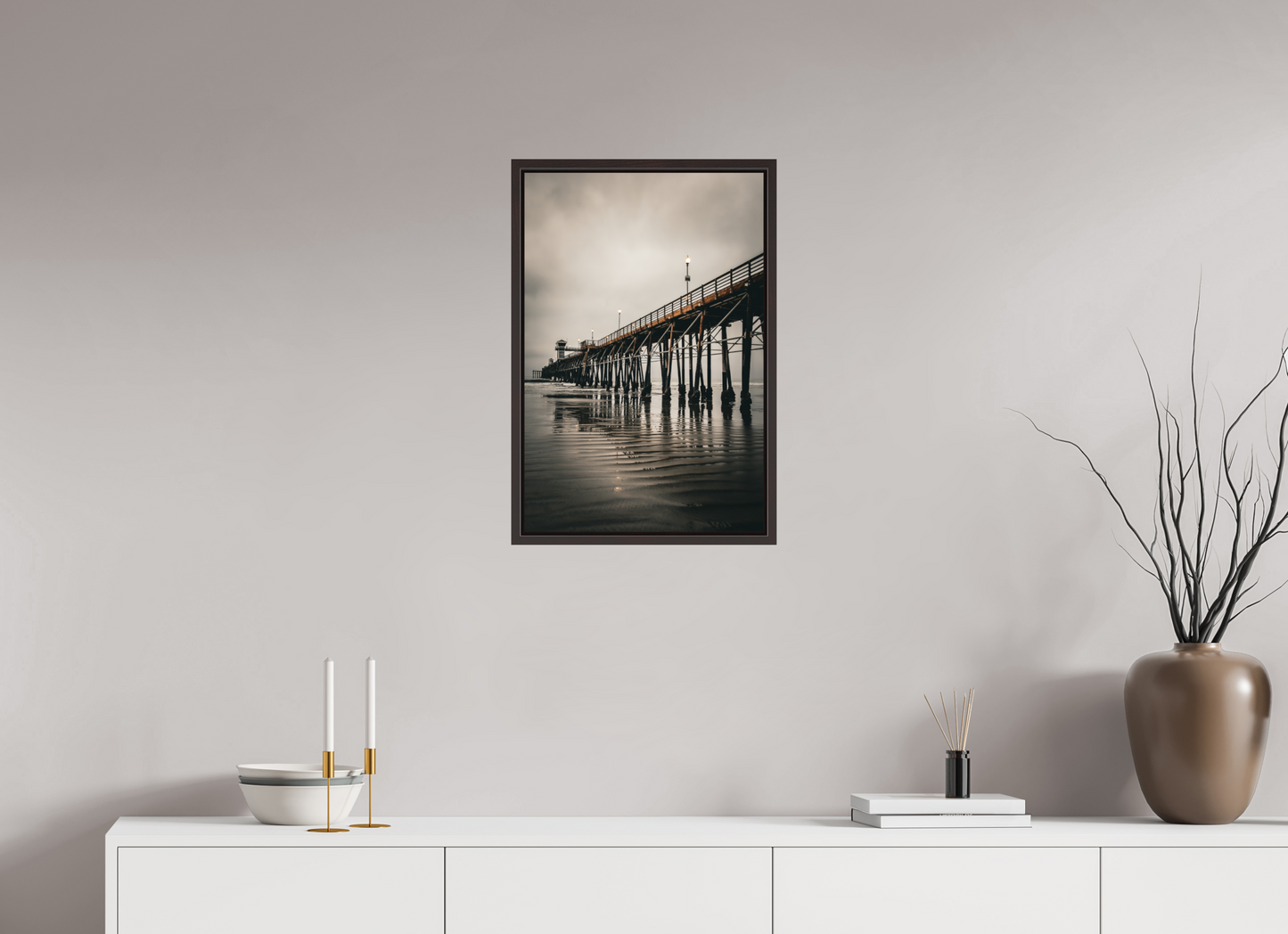 16 x 24″, Alder Brown Wooden Floater Frame Oceanside Pier in the Morning