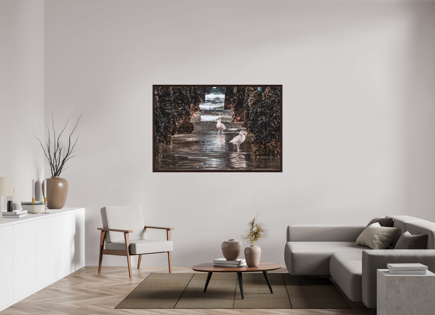 60 x 40″, Dark Brown Wooden Flame under Acrylic glass Under the Oceanside Pier