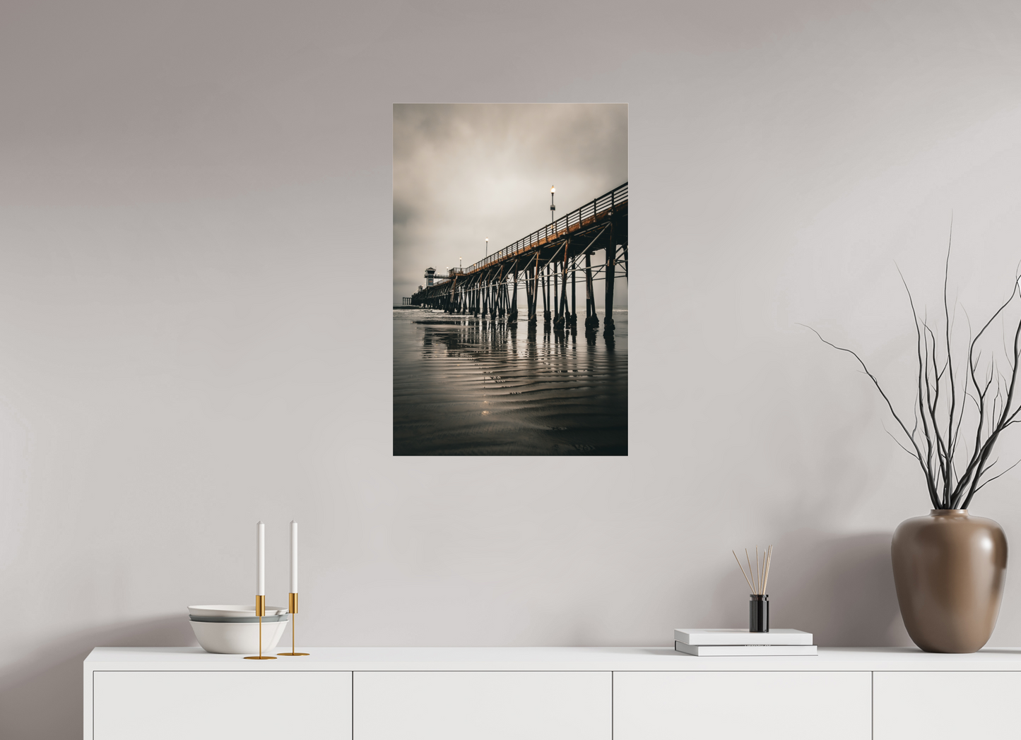 20 x 30″, Metallic Photo Print under Acrylic Glass Oceanside Pier in the Morning