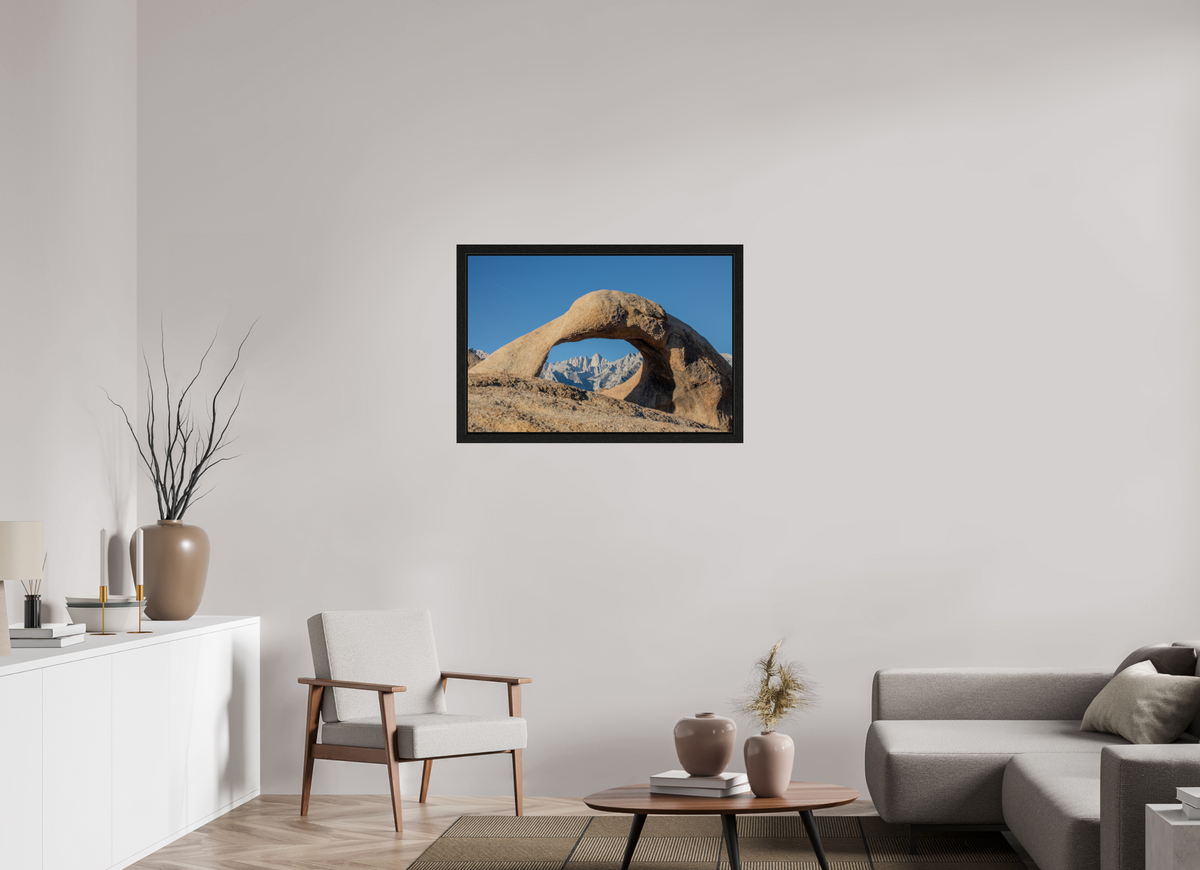 36 x 24″, Black Oak Wooden Flame under Acrylic Glass Mobius Arch in the Alabama Hills