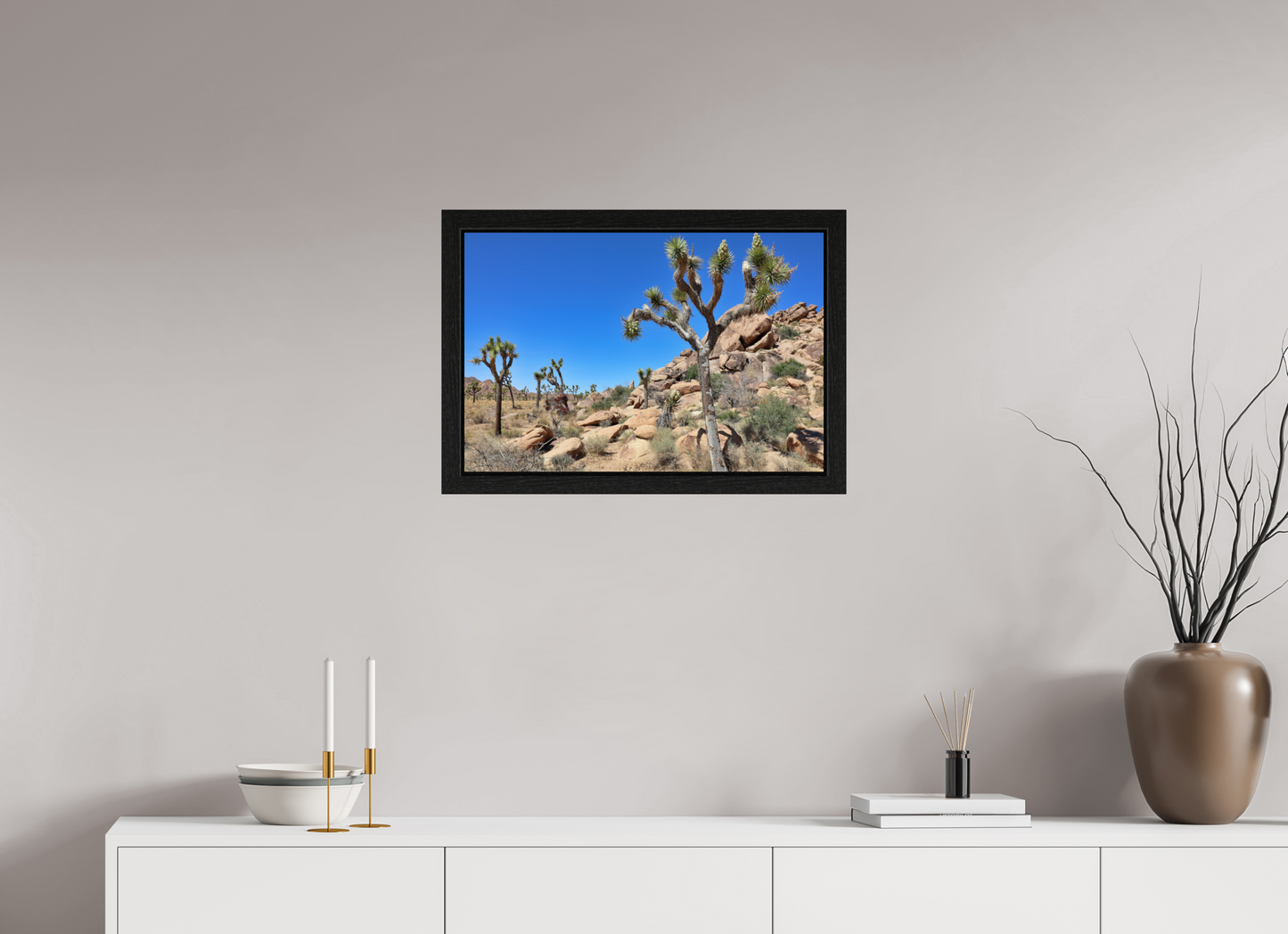 24 x 16″, Black Oak Wooden Flame under Acrylic Glass Joshua Trees