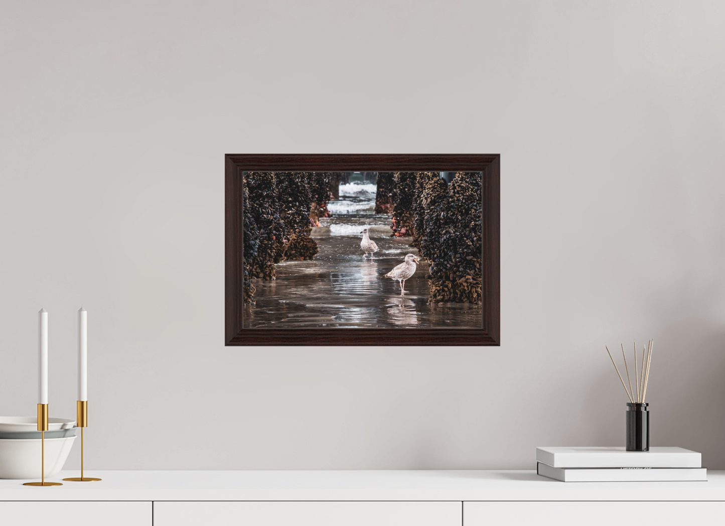 15 x 10″, Dark Brown Wooden Flame under Acrylic glass Under the Oceanside Pier