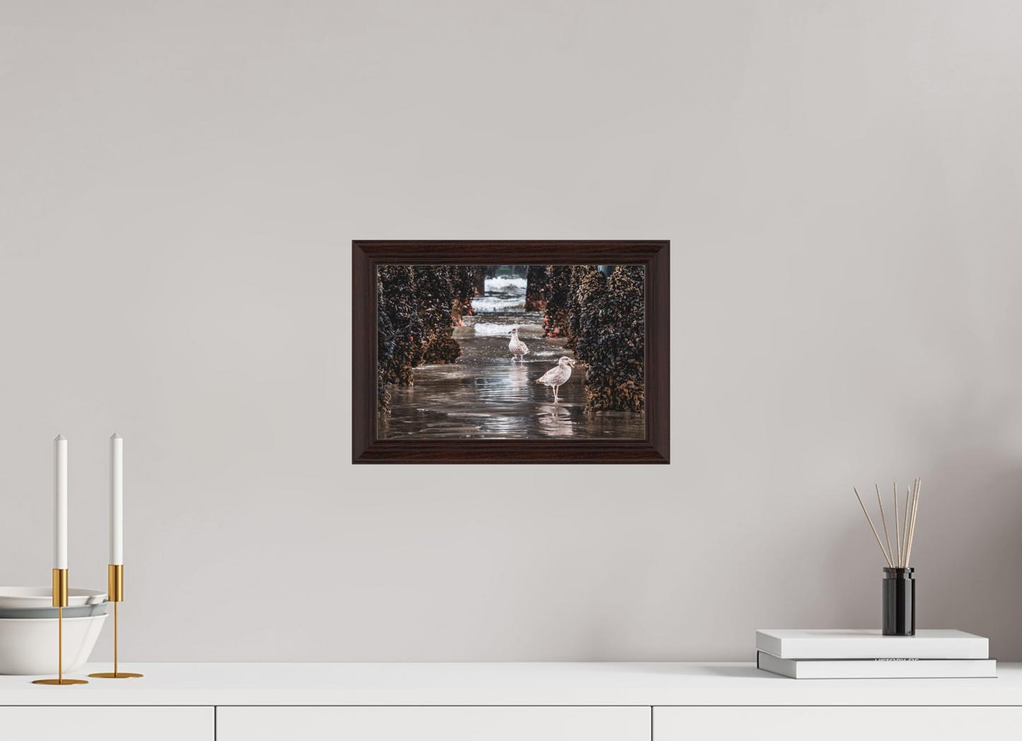 12 x 8″, Dark Brown Wooden Flame under Acrylic glass Under the Oceanside Pier