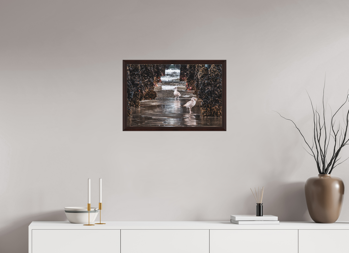 24 x 16″, Dark Brown Wooden Flame under Acrylic glass Under the Oceanside Pier