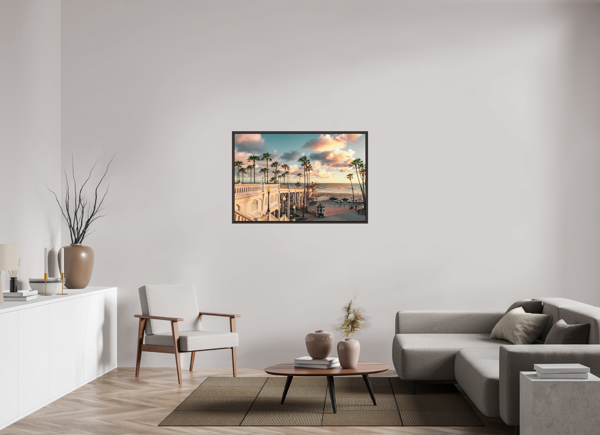 45 x 30″, Alder Brown Wooden Floater Frame Beautiful Clouds at the Oceanside Pier