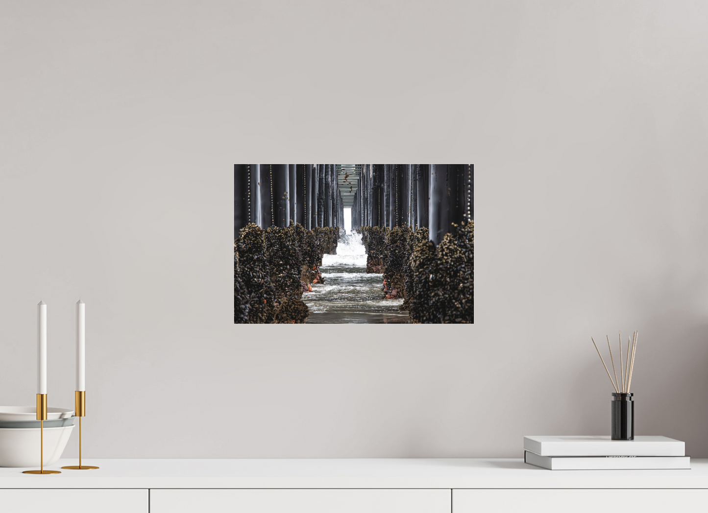 15 x 10″, Fine Art Pigment under Acrylic Glass Under the Oceanside Pier