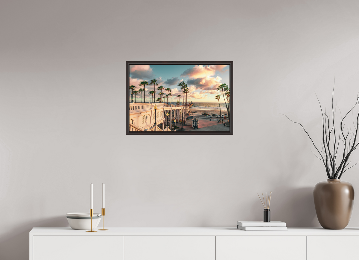 24 x 16″, Alder Brown Wooden Floater Frame Beautiful Clouds at the Oceanside Pier