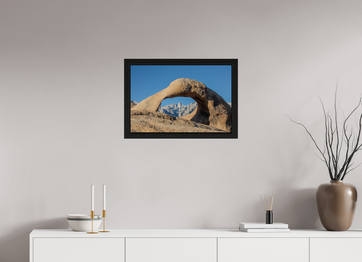 24 x 16″, Black Oak Wooden Flame under Acrylic Glass Mobius Arch in the Alabama Hills