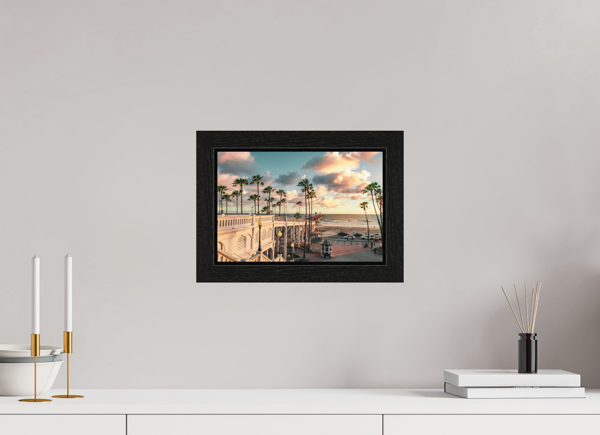 12 x 8″, Black Oak Wooden Flame under Acrylic Glass Beautiful Clouds at the Oceanside Pier