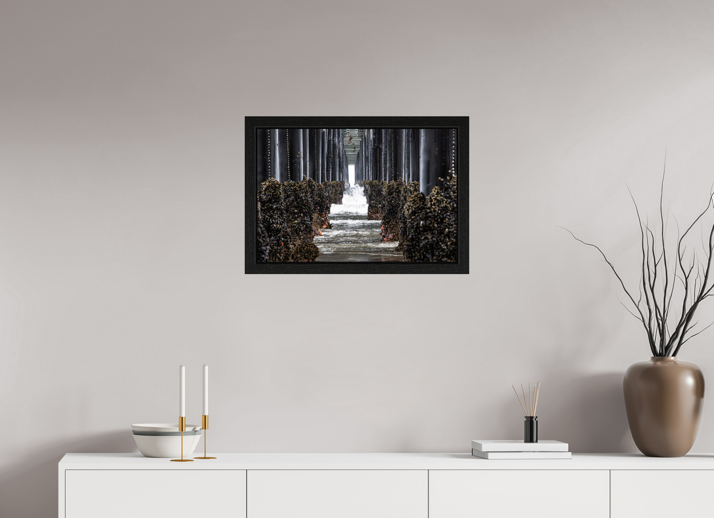 24 x 16″, Black Oak Wooden Flame under Acrylic Glass Under the Oceanside Pier