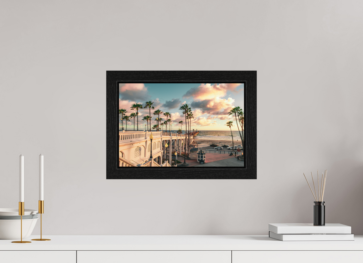 15 x 10″, Black Oak Wooden Flame under Acrylic Glass Beautiful Clouds at the Oceanside Pier