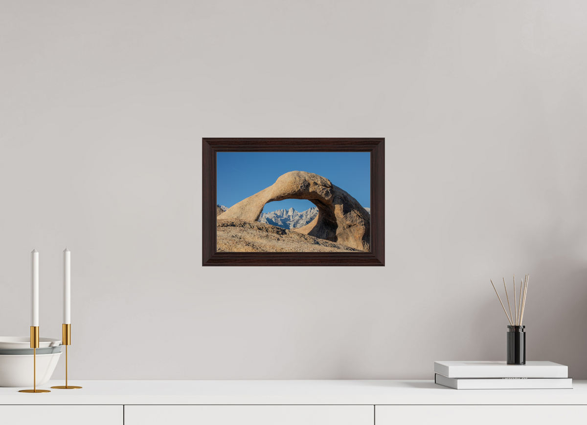 12 x 8″, Dark Brown Wooden Flame under Acrylic glass Mobius Arch in the Alabama Hills