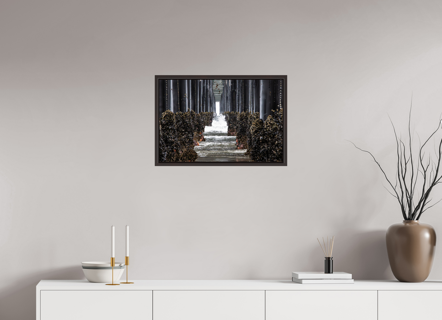 24 x 16″, Alder Brown Wooden Floater Frame Under the Oceanside Pier