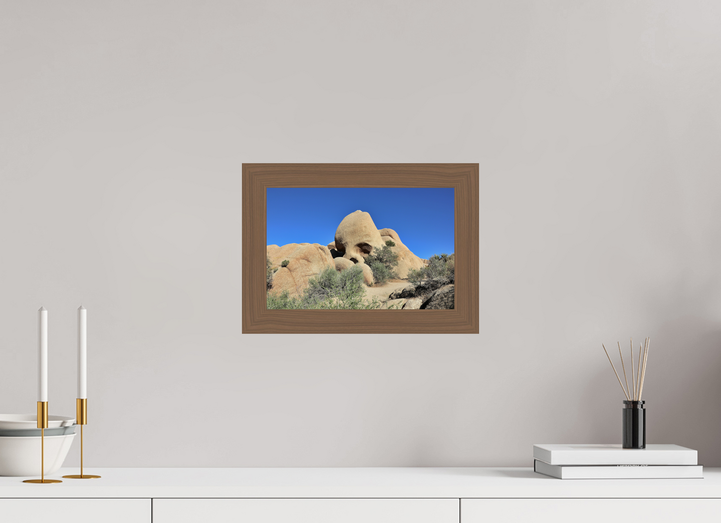 12 x 8″, Walnut Wooden Frame under Acrylic Glass Skull Rock