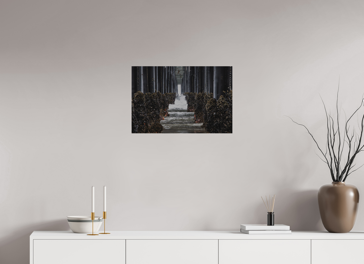 24 x 16″, Direct Print on Brushed Aluminum Under the Oceanside Pier