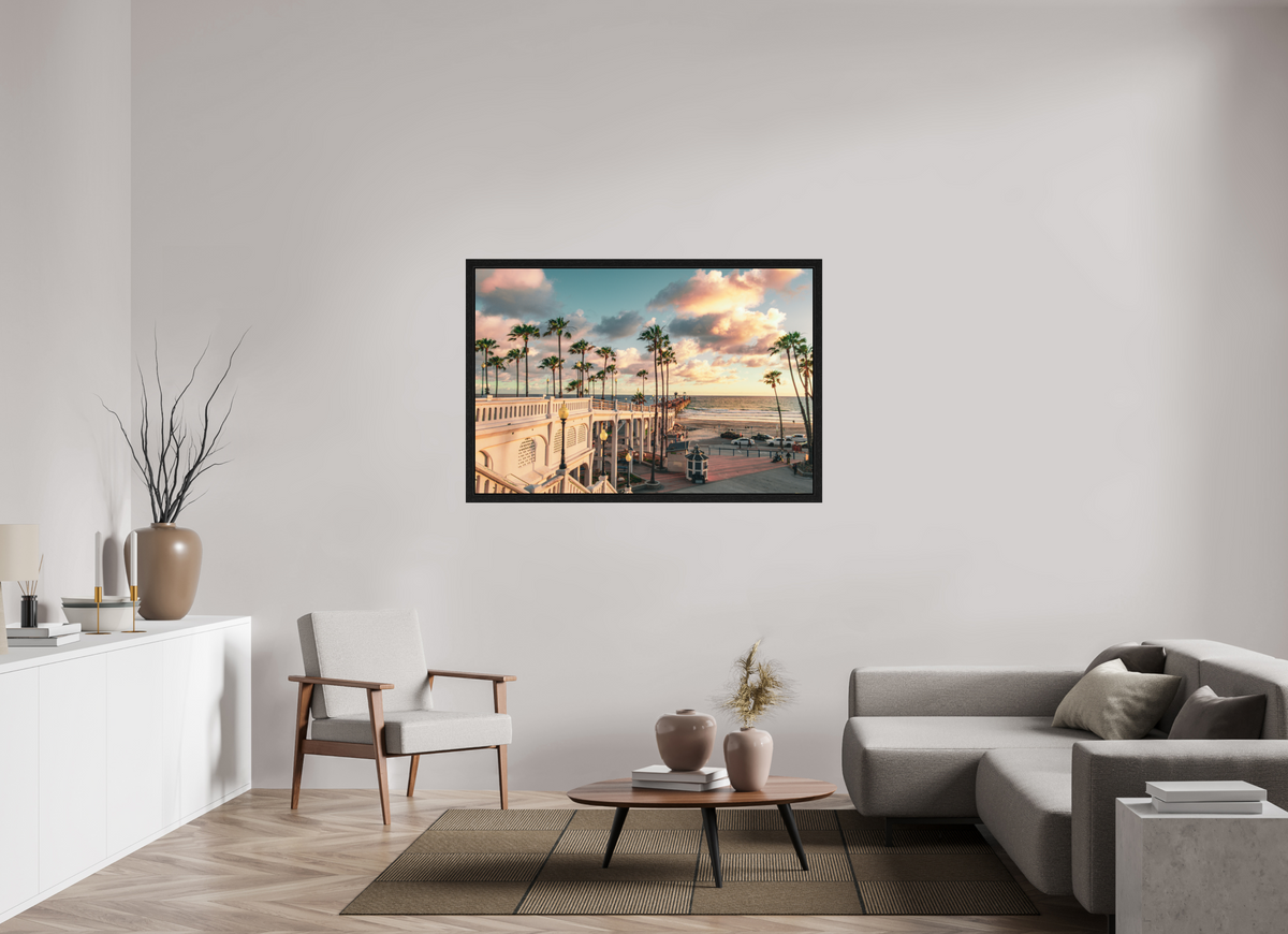 54 x 36″, Black Oak Wooden Flame under Acrylic Glass Beautiful Clouds at the Oceanside Pier