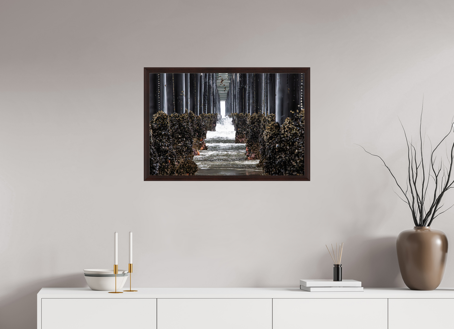 30 x 20″, Dark Brown Wooden Flame under Acrylic glass Under the Oceanside Pier