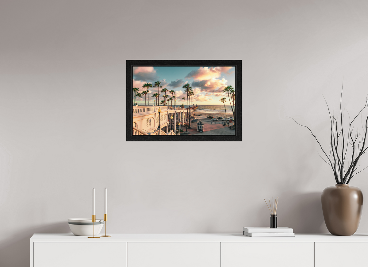 24 x 16″, Black Oak Wooden Flame under Acrylic Glass Beautiful Clouds at the Oceanside Pier